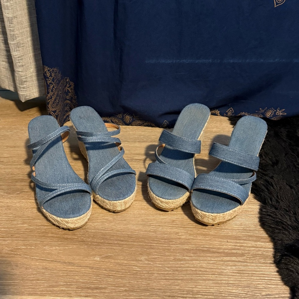 Blue Denim Wedge Sandals - 2 Pairs